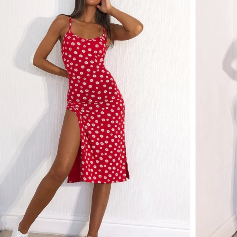 PLT - Red Floral Print Jersey Split Cami Midi Dress